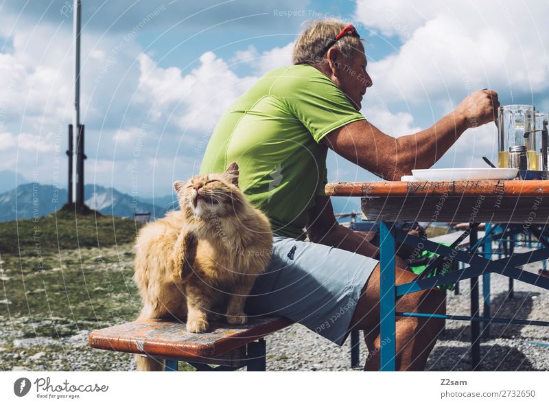 Katze sitzt neben essendem Mann auf der Almhütte Freizeit & Hobby Berge u. Gebirge wandern Männlicher Senior 60 und älter Natur Landschaft Himmel Wolken