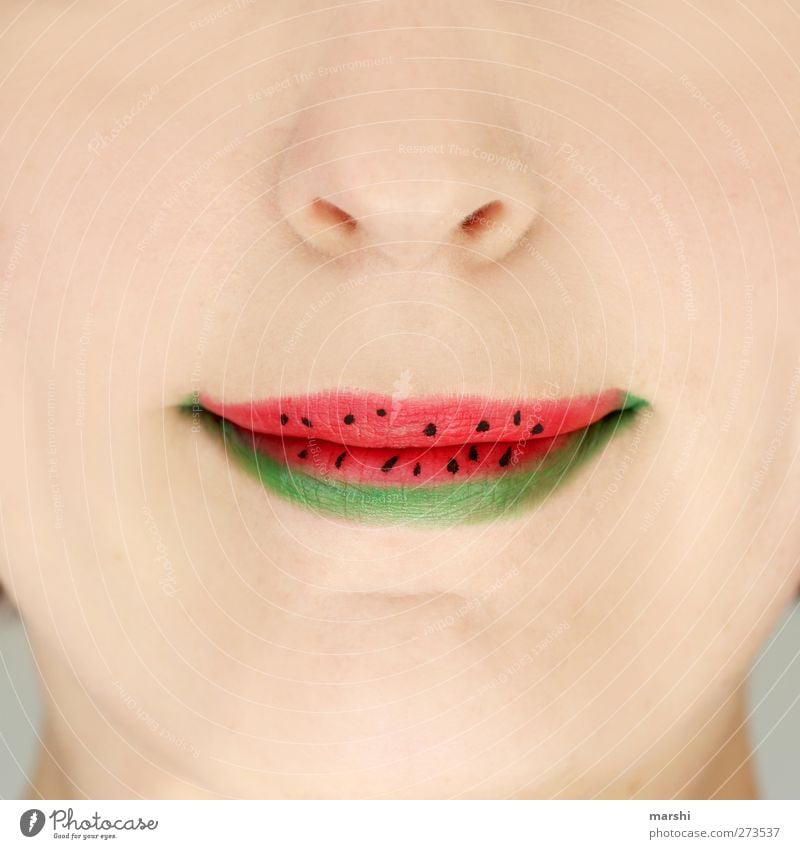it´s summertime Lebensmittel Frucht Ernährung Essen Mensch feminin Junge Frau Jugendliche Erwachsene Mund Lippen 1 grün rot Melone Sommer Wassermelone angemalt