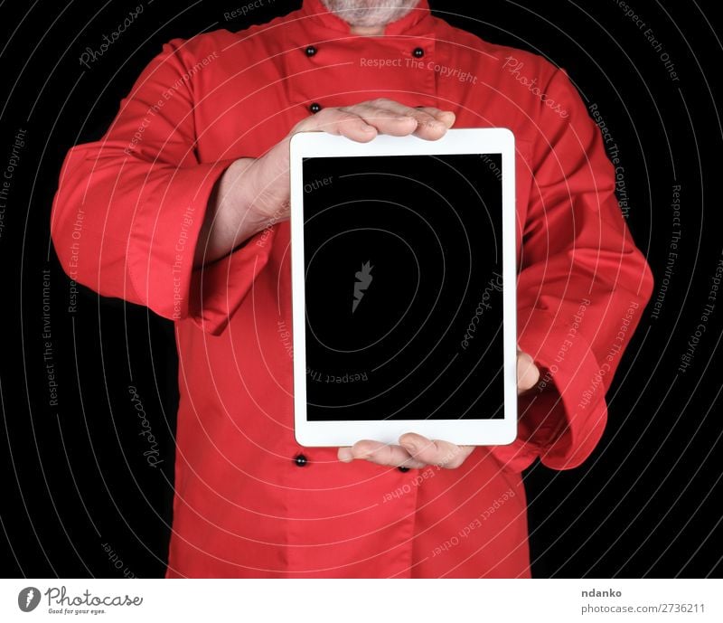 Koch in roter Uniform mit einer weißen elektronischen Tafel. Business Computer Notebook Bildschirm Technik & Technologie Internet Mensch Mann Erwachsene Hand