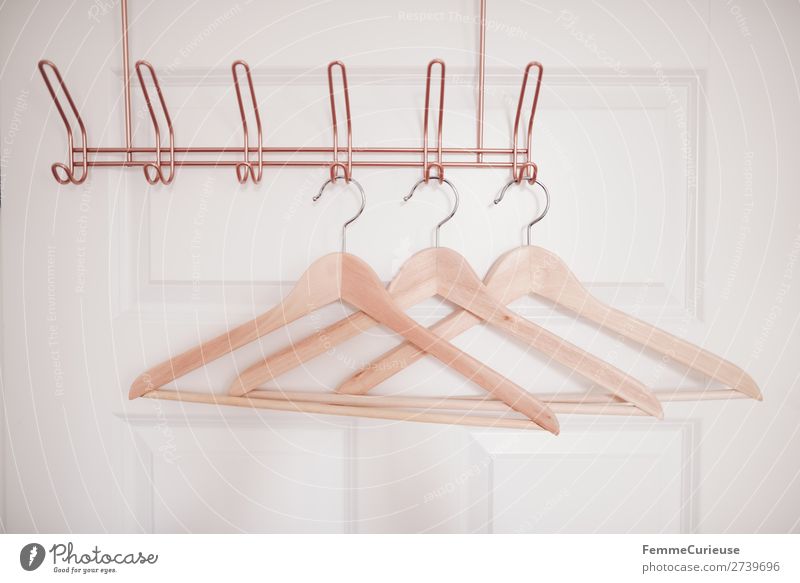 3 coat hangers on copper-coloured coat hook Mode Bekleidung Häusliches Leben Kleiderbügel Holz Kleiderständer Kleiderhaken kupfer Tür weiß Schlafzimmer