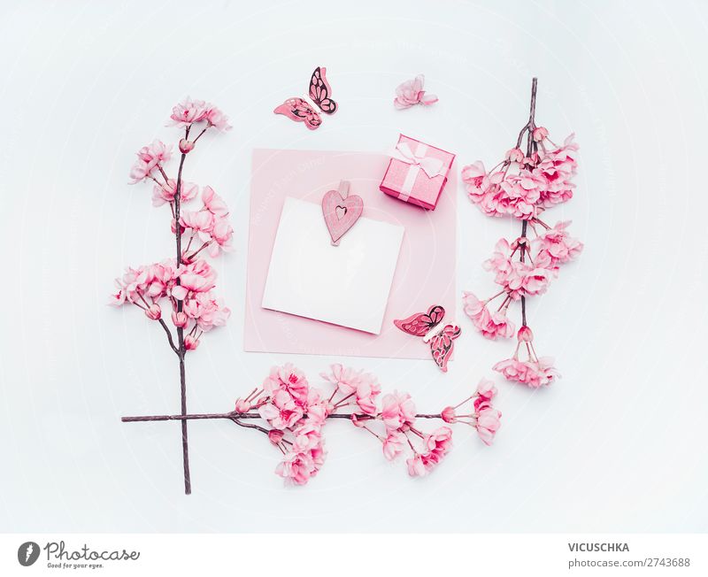 Leerer Grußkarte mit pastellrosa Frühlingsblüte Stil Design Feste & Feiern Blume Papier Dekoration & Verzierung Blumenstrauß Schleife Liebe weiß blank greeting