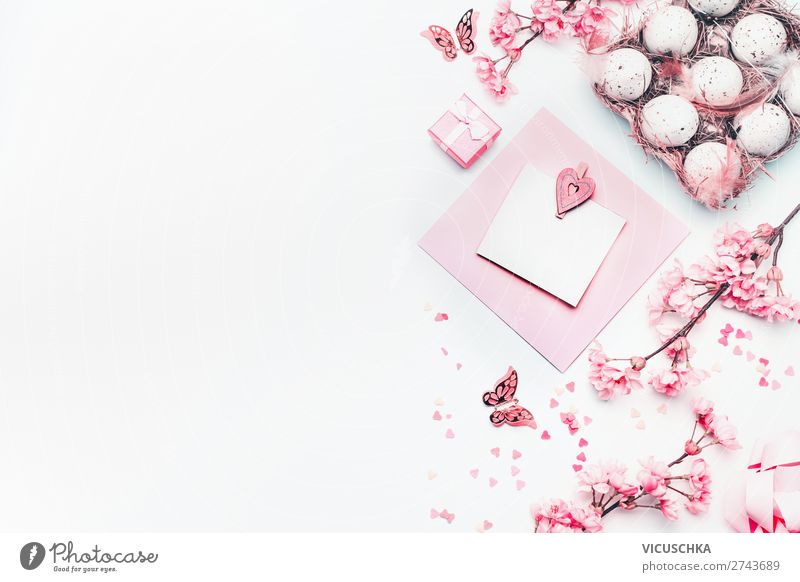 Ostern Dekoration auf weiß Stil Design Dekoration & Verzierung Feste & Feiern Frühling Blume Blüte trendy rosa Tradition Hintergrundbild Entwurf