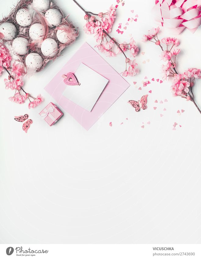 Ostern Grußkarte mock up mit rosa Frühlingsblüten Stil Design Dekoration & Verzierung Feste & Feiern Blume Blatt Blüte Blumenstrauß Tradition