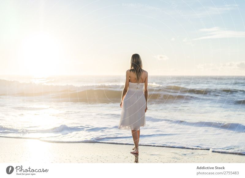 Wunderschöne zärtliche Braut im Sonnenlicht Frau Fröhlichkeit Strand Porträt heiter Menschliches Gesicht Seeküste Kleid verliebt Meereslandschaft blond
