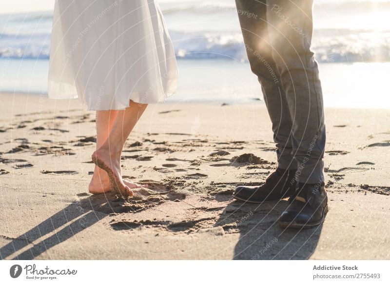 Pflanzen Sie Braut und Bräutigam auf Sand. Paar striegeln Strand stehen Fuß verliebt Jungvermählte Natur Küste Sonnenlicht Partnerschaft Beautyfotografie Barfuß