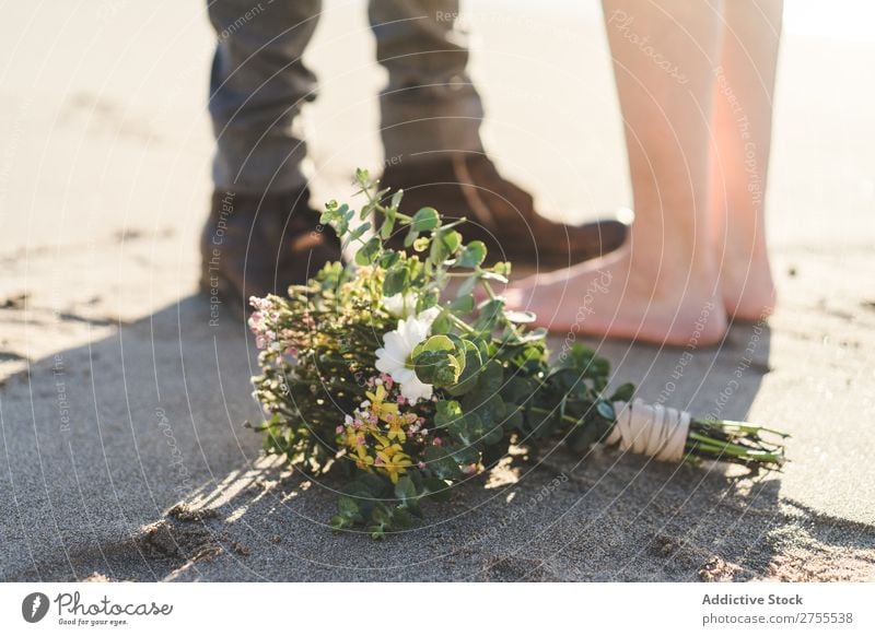 Pflanzen Sie Braut und Bräutigam auf Sand. Paar striegeln Strand stehen Fuß verliebt Jungvermählte Natur Küste Sonnenlicht Partnerschaft Beautyfotografie Barfuß