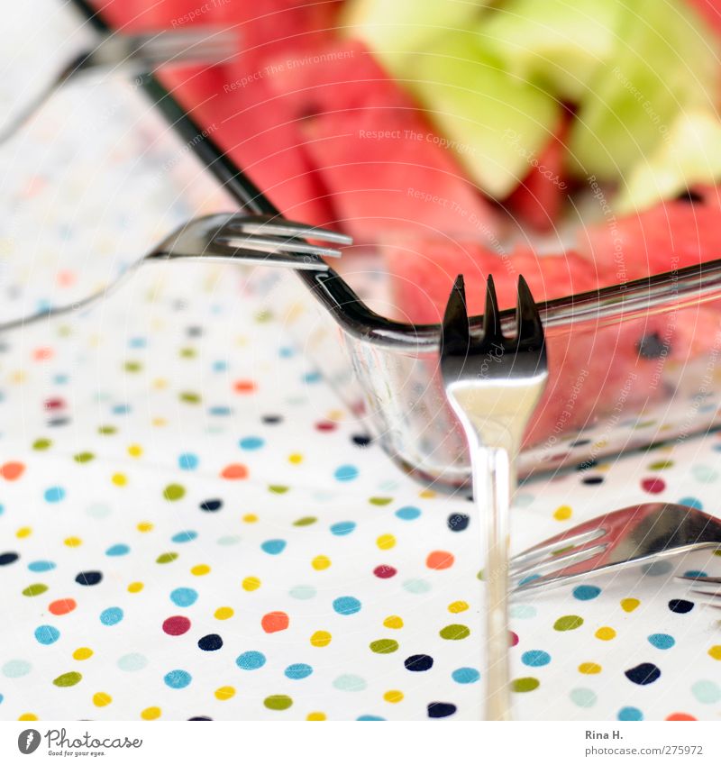 Erfrischung Frucht Melone Ernährung Geschirr Schalen & Schüsseln Besteck Gabel authentisch Gesundheit lecker saftig süß mehrfarbig Tischwäsche gepunktet Punkt