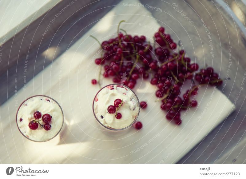 Johannisbeeren, süsser Milcherzeugnisse Frucht Dessert Sahne Ernährung lecker natürlich sommerlich frisch Beeren rot Tablett Farbfoto Außenaufnahme Nahaufnahme