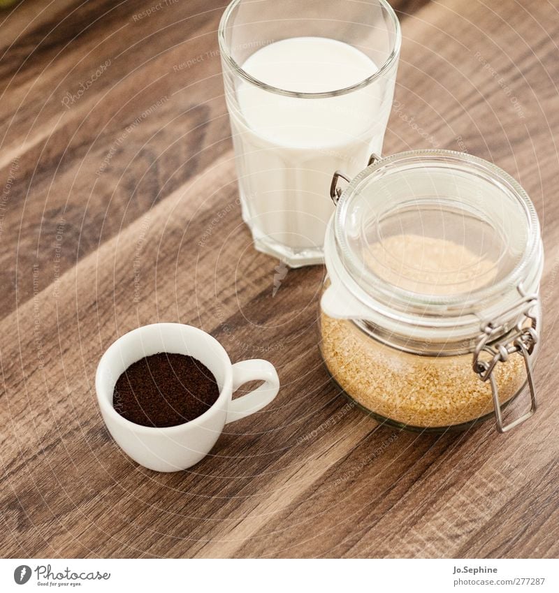 lecker Frühstück Lebensmittel Brauner Zucker Kaffeetrinken Getränk Heißgetränk Milch Latte Macchiato Espresso Lifestyle braun genießen Kaffeepause Zutaten süß