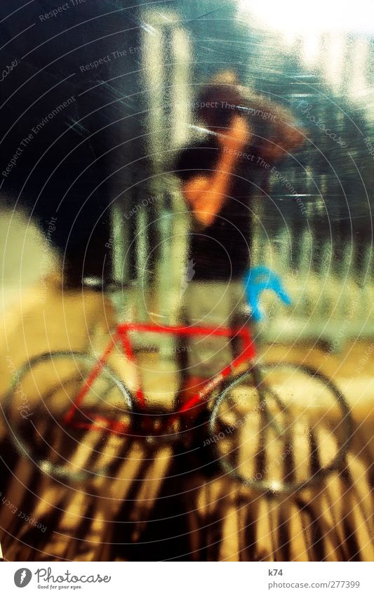 Der Typ mit dem Fahrrad Fahrradfahren Mensch maskulin Mann Erwachsene 1 30-45 Jahre T-Shirt stehen glänzend Rennrad Fotografieren Farbfoto mehrfarbig