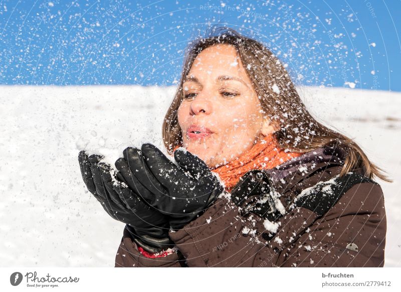 Frau pustet Schnee von ihren Händen Erwachsene Gesicht Hand Finger 1 Mensch Winter Mantel Schal Fröhlichkeit Freude Zufriedenheit Lebensfreude Sympathie