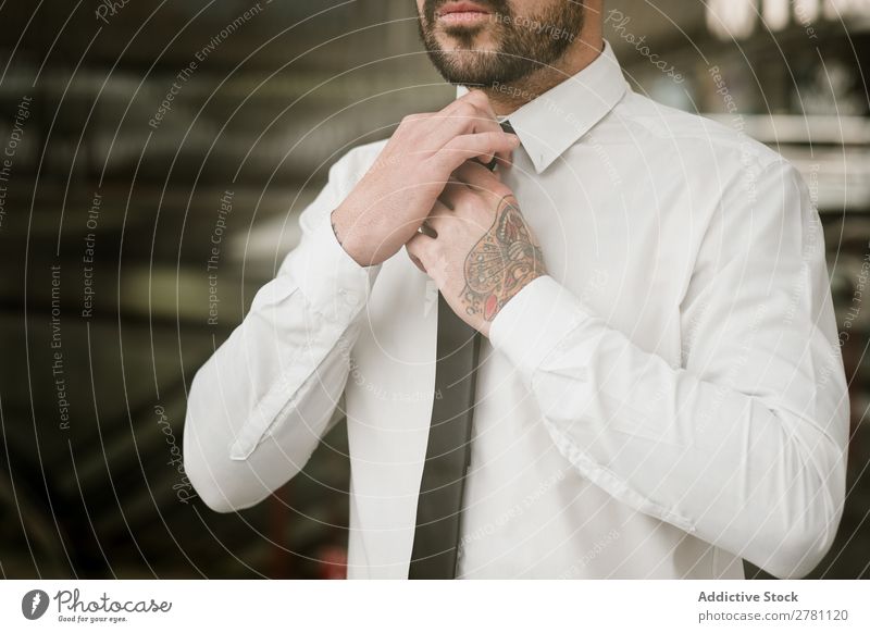 Crop Mann Einstellschraube gutaussehend Stil Erwachsene Mode Krawatte ausrichten Mensch modisch Porträt Model attraktiv Typ modern trendy Macho Bekleidung