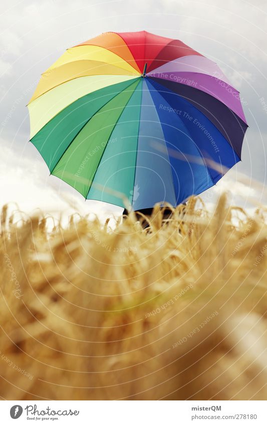 let it rain. Kunst ästhetisch Regenschirm regenbogenfarben Feld Kornfeld mehrfarbig modern Kreativität Idee Wetter schlechtes Wetter Wetterschutz Schutz