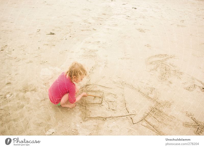 Haus am Meer Kindererziehung Kindergarten Mensch Mädchen Kindheit Leben Körper 1 3-8 Jahre Sand Sommer Strand Erholung hocken zeichnen rot Gefühle Freude