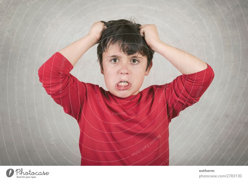 wütender Junge, der an den Haaren zieht, vor grauem Hintergrund Mensch maskulin Kind Kindheit 1 8-13 Jahre sprechen Konflikt & Streit Traurigkeit Aggression