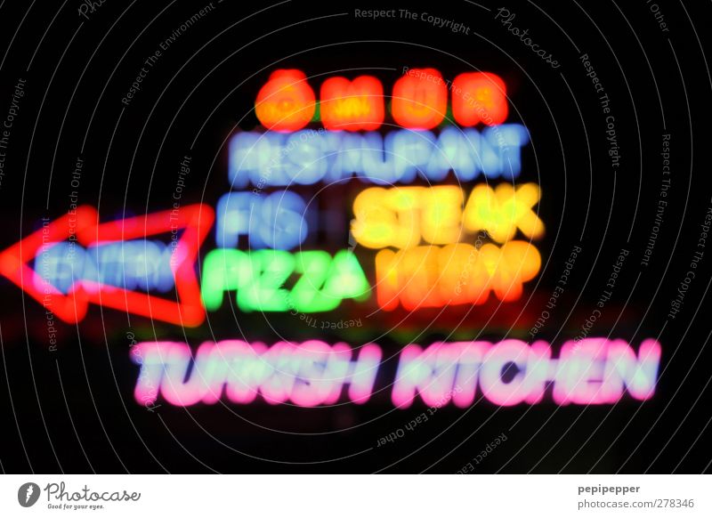 fata morgana Lebensmittel Ernährung Essen Fastfood Restaurant Schriftzeichen Schilder & Markierungen leuchten mehrfarbig Neonlicht Licht Außenaufnahme