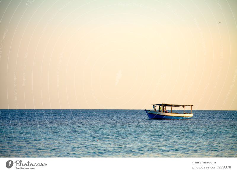 allein auf See Meer Landschaft Wolkenloser Himmel Schönes Wetter Wellen Küste Bootsfahrt Fischerboot blau Farbfoto Abend Weitwinkel