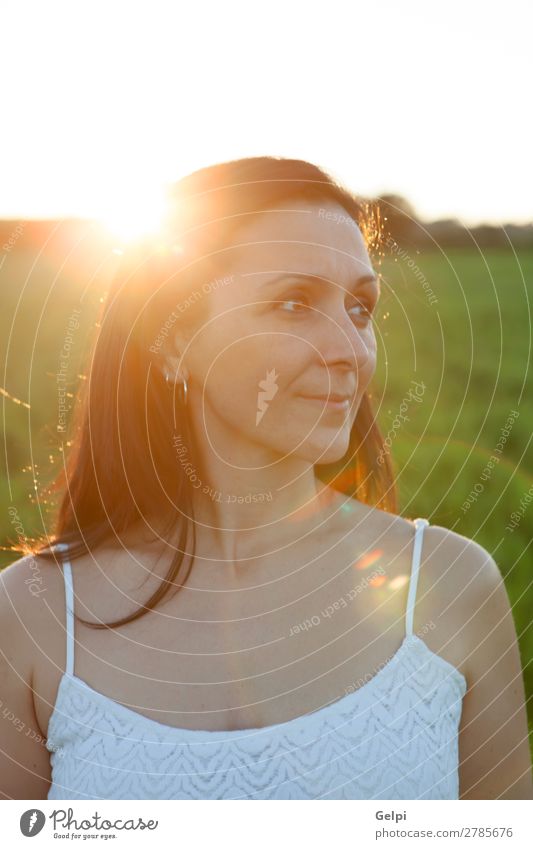 Frau, die auf die Seite schaut und sich auf einer Wiese entspannt. Lifestyle Freude Glück schön Gesicht Wellness Erholung Ferien & Urlaub & Reisen Sommer Sonne