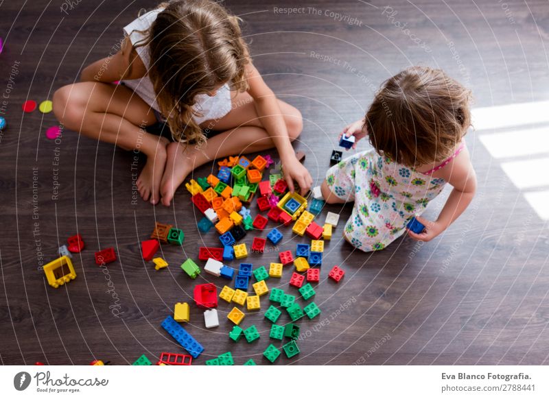 zwei schöne Geschwisterschwestern, die zu Hause spielen. Freude Glück Spielen Kindergarten Schule Mensch feminin Baby Kleinkind Mädchen Familie & Verwandtschaft