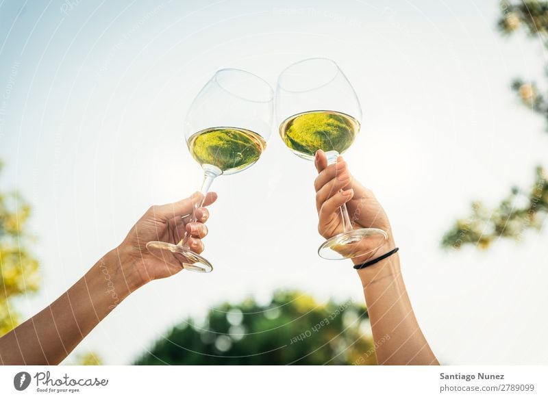 Weibliche Freunde jubeln, wenn sie an die Gläser mit Weißwein stoßen. Wein Paar Toastbrot klirrend heiter Zuprosten Glas Hand Frau Glück Hintergrundbild