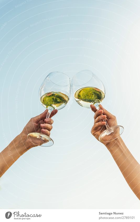 Weibliche Freunde jubeln, wenn sie an die Gläser mit Weißwein stoßen. Wein Paar Toastbrot klirrend heiter Zuprosten Glas Hand Frau Glück Hintergrundbild
