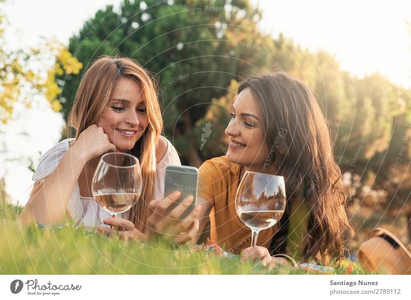 Schöne Frauen, die im Park mobil unterwegs sind. Picknick Freundschaft Jugendliche Glück Sommer Mensch Freude Mobile PDA Telefon Solarzelle Texten Halt
