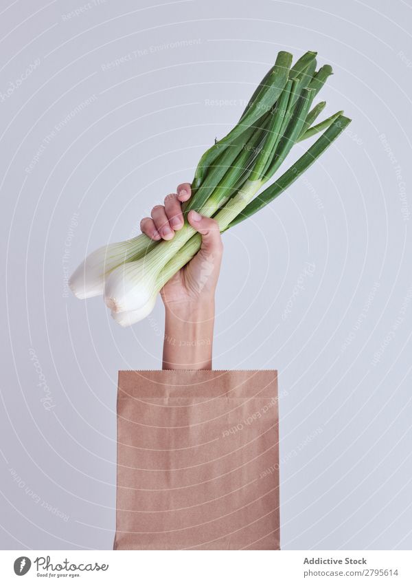 Personenhand aus der Packung ausgestreckt und hält Lauch. Mensch Hand Paket sich[Akk] gemeldet Gemüse Lebensmittel Tasche Handwerk Papier Entwurf frisch Markt