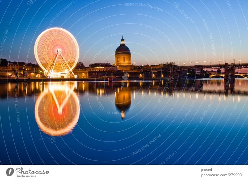 Riesenrad am Abend, Toulouse Sightseeing Entertainment Fluss Kleinstadt Stadt Brücke Gebäude Architektur dunkel hell blau gold orange antik Hintergrund