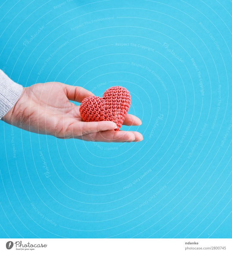 kleines gestricktes rotes Herz in einer menschlichen Hand Dekoration & Verzierung Feste & Feiern Valentinstag Hochzeit Liebe blau Romantik Farbe Hoffnung Idee
