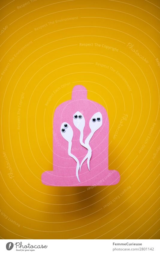 Contraception - sperm trapped in a condom Zeichen Sex Sexualität Kondom Spermien Verhütungsmittel gelb rosa Auge Wackelaugen Symbole & Metaphern