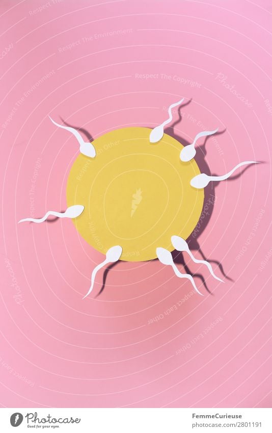 Reproduction - sperm swimming to egg cell Zeichen Sex Sexualität Spermien Eizelle rosa gelb weiß Symbole & Metaphern Grafik u. Illustration