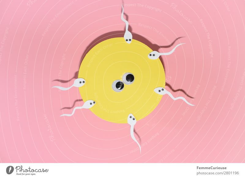 Reproduction - sperm swimming to egg cell Zeichen Sex Sexualität Spermien Eizelle rosa gelb Auge Wackelaugen Fertilisation Fortpflanzung Kinderwunsch