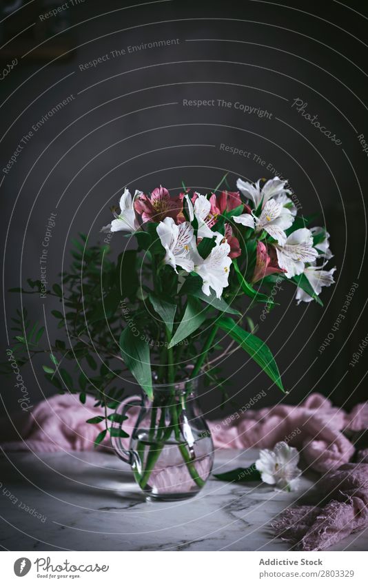 Blumenglas auf dem Tisch dekorierend rosa Dekoration & Verzierung frisch Holz Textfreiraum vertikal Gänseblümchen Blatt geblümt Glas Nahaufnahme Blüte grün