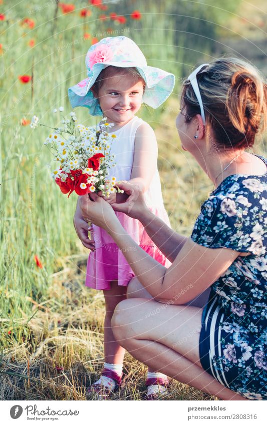 Mutter und ihre kleine Tochter auf dem Feld der Wildblumen Lifestyle Freude Glück schön Sommer Garten Kind Mensch Frau Erwachsene Eltern