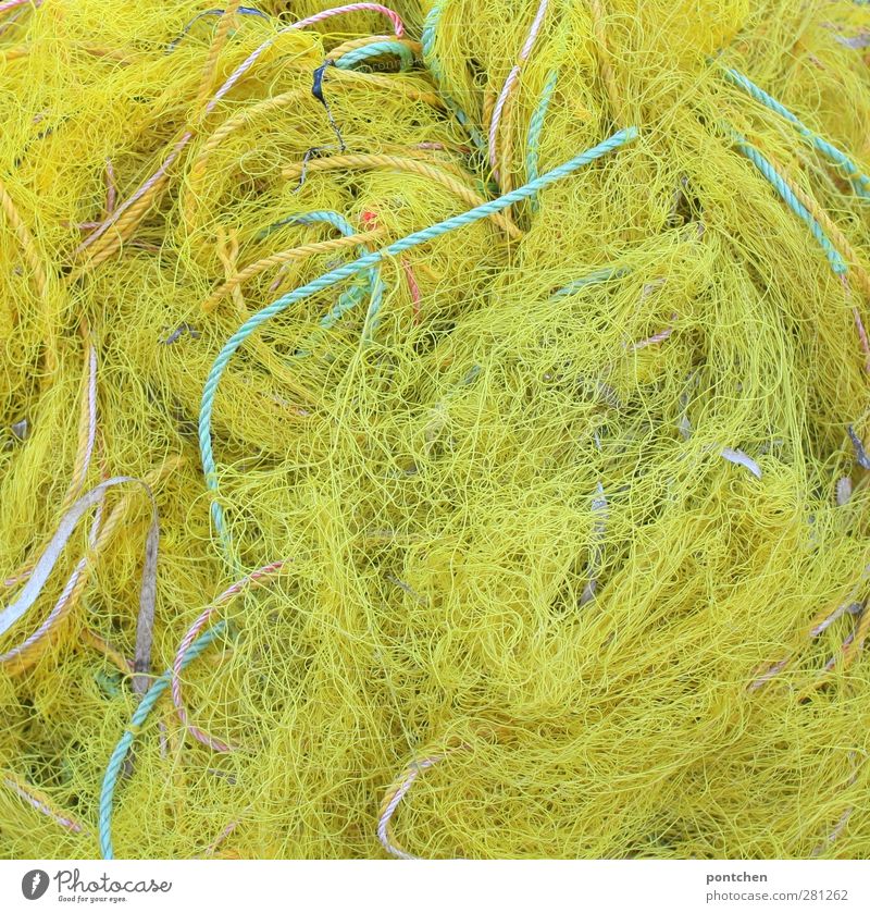Gewirr an gelben Fischernetzen und Seilen und gelb und grün. Netz blau seile anzüglich Beifang Überfischung Fischereiwirtschaft Umweltschutz Nahrungssuche