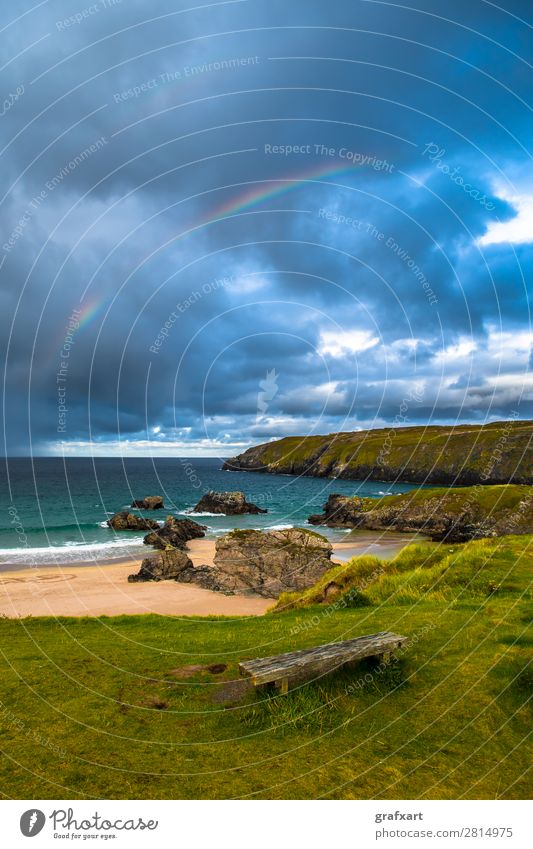 Regenbogen über Sango Bay Strand bei Durness in Schottland Atlantik Atmosphäre Bank Bucht Camping durness Gewitter Gewitterwolken Großbritannien Klippe Lagune