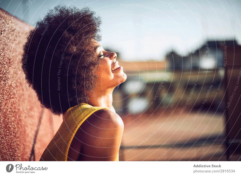 Schönes afrikanisches Mädchen mit lockigen Haaren auf dem Dach. Mode Haut modisch Bekleidung Straße Model attraktiv Kopie Rennsport Pose Glamour geschäftlich
