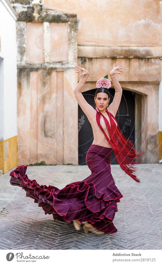 Flamenco-Tänzerin in den Straßen von Sevilla Flamencotänzer Tanzen Kostüm typisch Spanien Spanisch Andalusia Frau Jugendliche brünett Blume rassisch Model