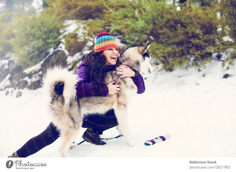 Lachende Frau beim Spielen mit dem Hund im Schnee Boxsport Spaß haben Zusammensein Haustier Säugetier weiß Natur heiter Freude Zufriedenheit lachen kämpfen