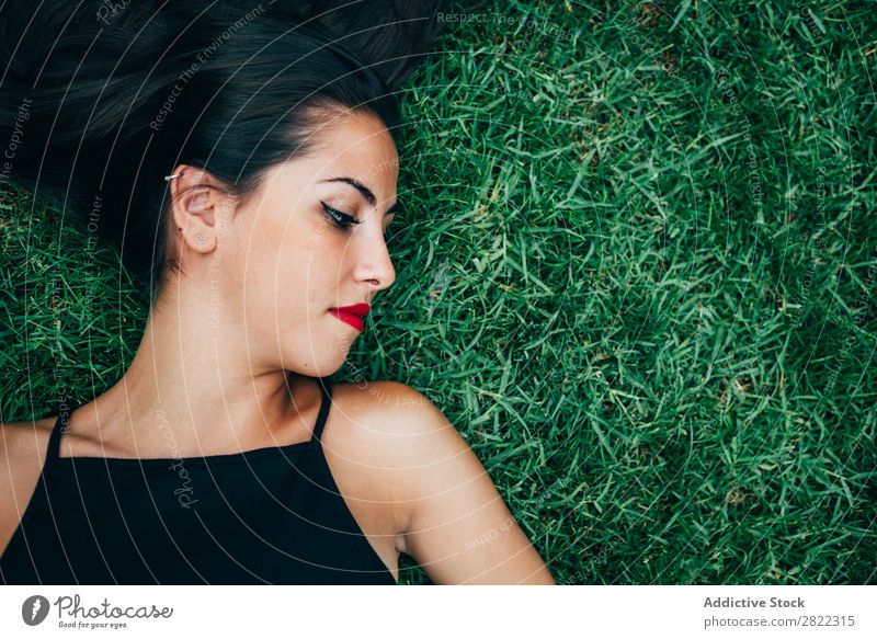 Fröhliche brünette Frau im Gras liegend hübsch Jugendliche schön heiter Lächeln lügen Natur attraktiv Mensch Beautyfotografie Erwachsene Stil niedlich Lifestyle