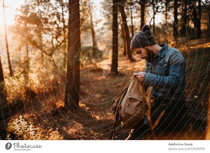 Mann im Wald schaut in den Rucksack. Blick Tourist Porträt Herbst Tourismus Ferien & Urlaub & Reisen Abenteuer Jugendliche Ausflug Reisender ländlich Natur