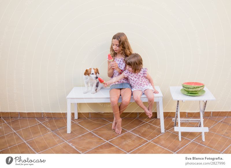 Zwei schöne Schwester Kinder essen Wassermelonen-Eiscreme. Frucht Speiseeis Essen Freude Glück Ferien & Urlaub & Reisen Sommer Haus Garten Mensch Baby Kleinkind