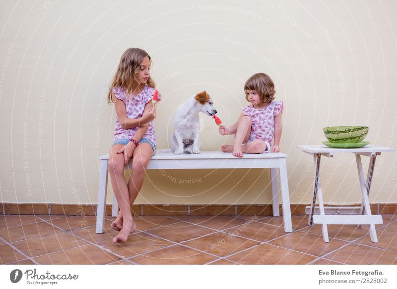 Zwei schöne Schwester Kinder essen Wassermelonen-Eiscreme. Frucht Speiseeis Essen Freude Glück Ferien & Urlaub & Reisen Sommer Haus Garten Mensch feminin
