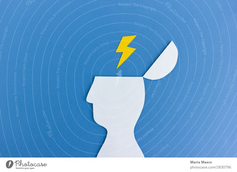 Blitz / Kopf - Collage mit Blitz und Kopf-Silhouette Bildung lernen 1 Mensch entdecken Erfolg frech neu blau Sicherheit Schutz Neugier Interesse gefährlich
