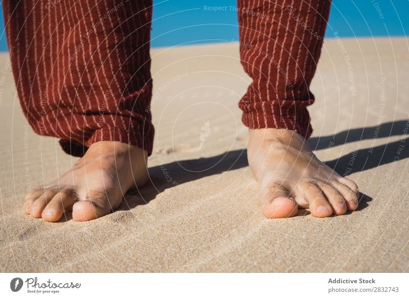 Schneiden Sie männliche Füße auf welligem Sand ab. Mann Fuß Barfuß Ferien & Urlaub & Reisen Strand Natur Küste stehen Unbekümmertheit Konsistenz regenarm Riffel