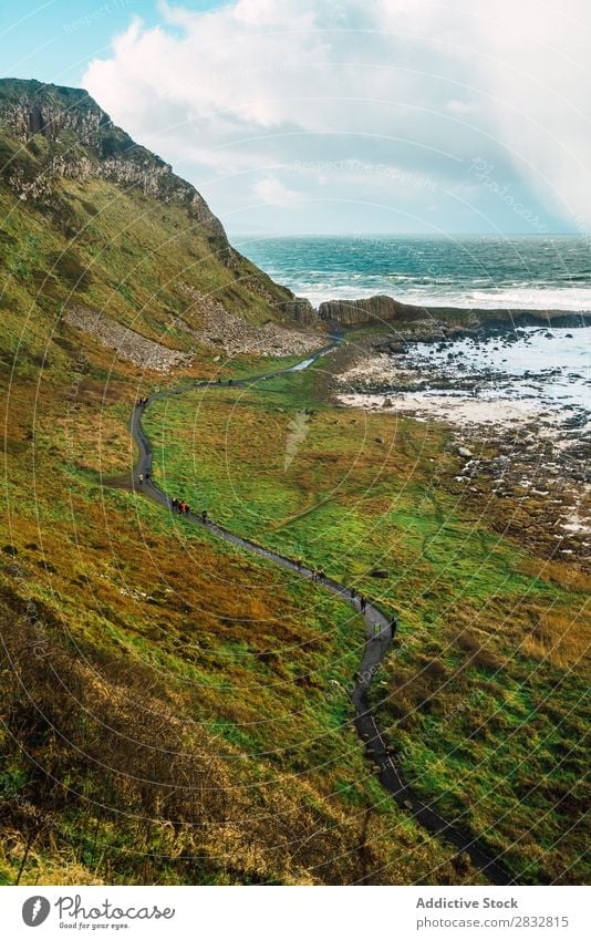 Kleine Straße auf einem Hügel am Meer Küste Seeküste Felsen Asphalt Landschaft Strand Natur Wasser natürlich Meereslandschaft Stein schön grün Gras Nordirland