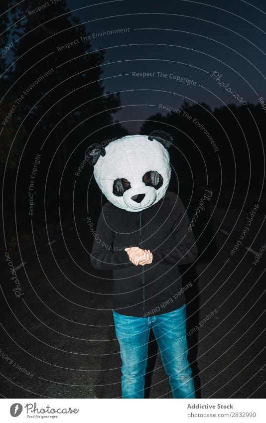 Mann mit Pandamaske Maske Frieden Mensch Idee lässig niedlich Kostüm Ausflug ruhen lustig gesichtslos unkenntlich anonym vertikal Straße Nacht Wald Natur