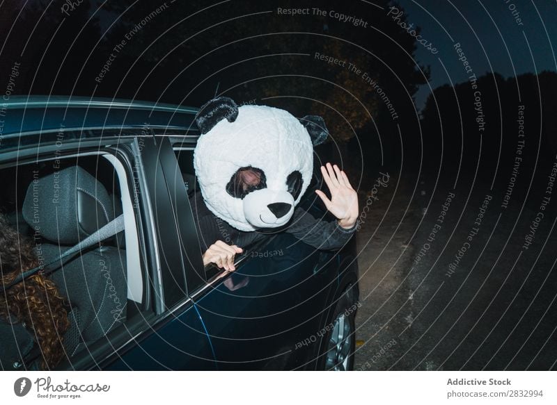 Mann mit Pandamaske lehnte sich aus dem Autofenster. Maske Frieden gestikulieren Mensch zeigen Rücken Sitz Passagier Fach PKW Fahrzeug Verkehr Hand