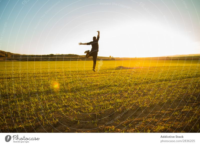 Mann springt auf sonniges Feld Freude springen Fröhlichkeit Sommer Freiheit Natur Aktion Mensch Jugendliche Wiese Gras Energie grün Lifestyle frei rennen