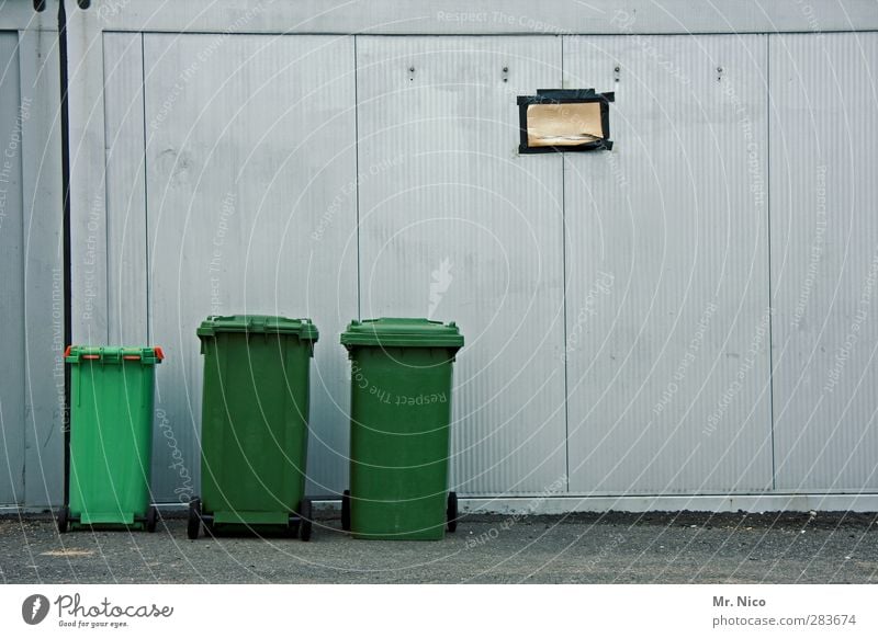 Wenn ich mal groß bin... Kleinstadt Stadt Fassade grün Hinterhof Müll Müllbehälter Grüner Punkt entsorgen Größenunterschied Wand grau Wertstoff Müllverwertung